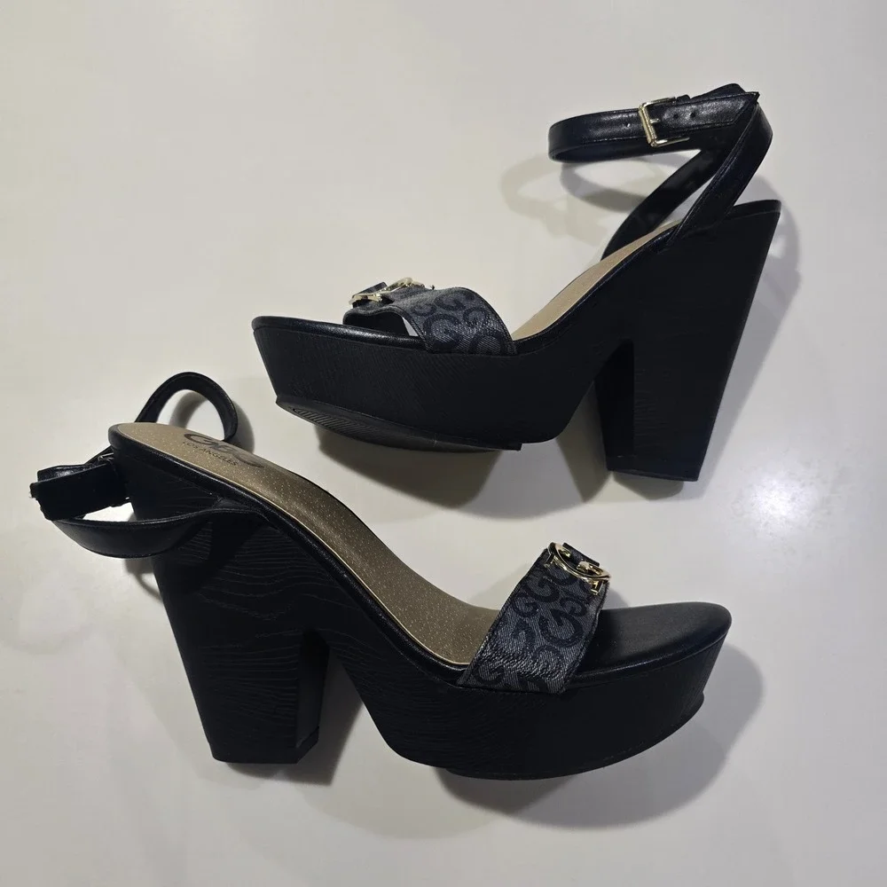 GBG Los Angeles Womens Black Monogram G Logo Platform Block Heel Sandal SEE PICS